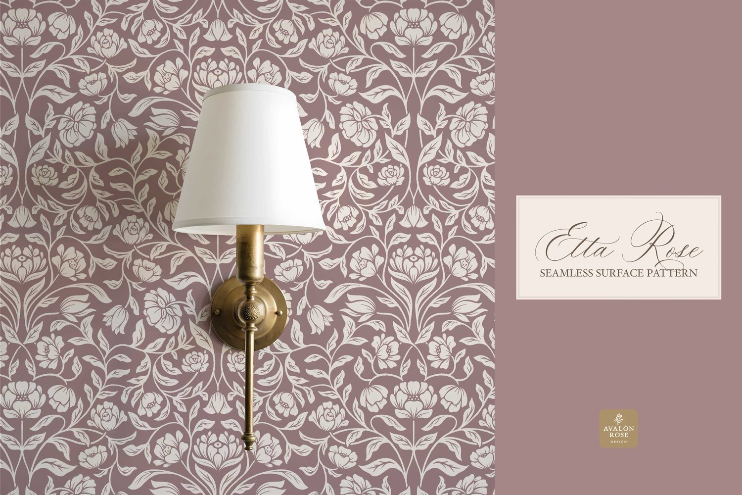 Vintage inspired hand drawn climbing rose damask in a woodblock style in mauve and cream on wallpaper