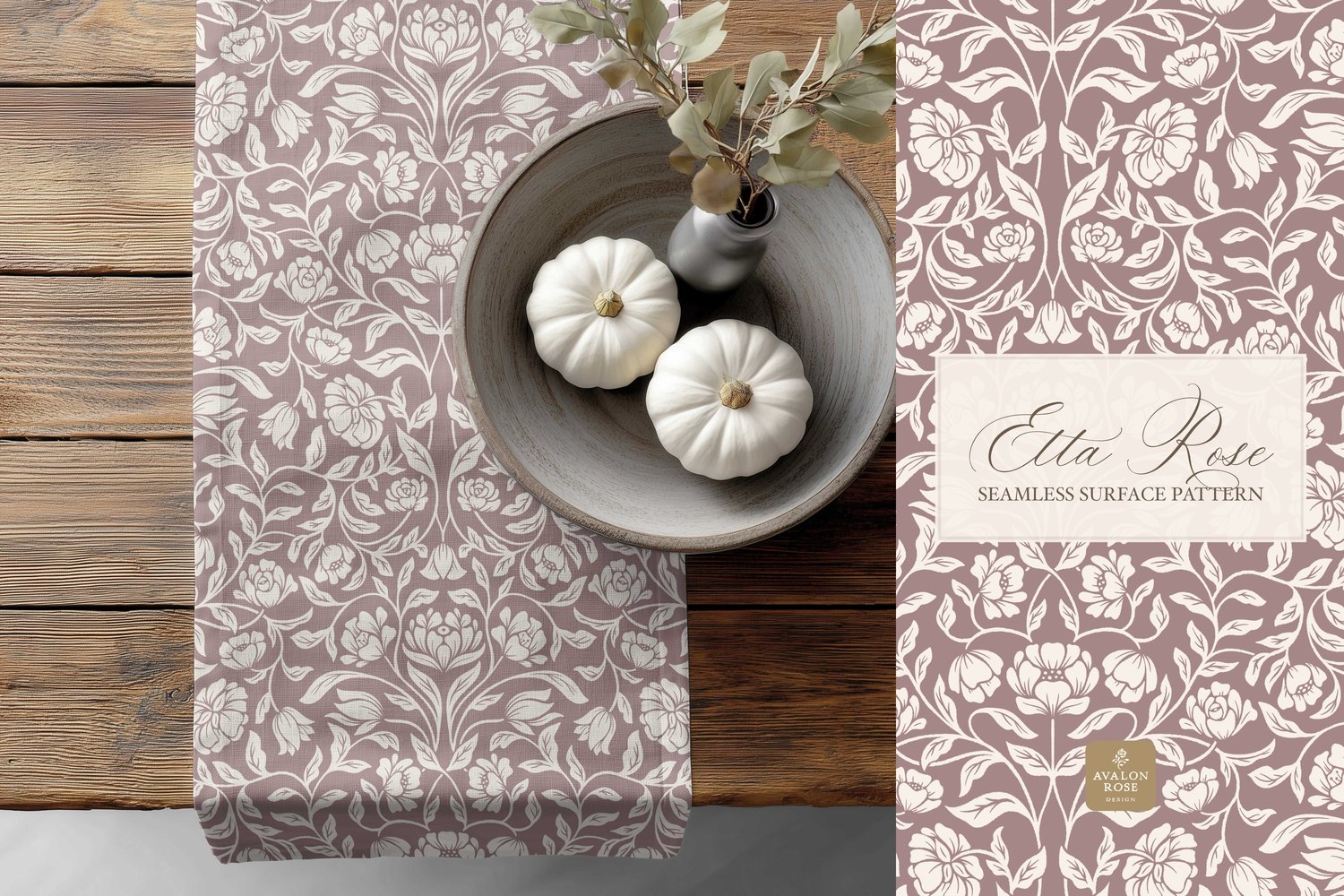 Vintage inspired hand drawn climbing rose damask in a woodblock style in mauve and cream on a towel