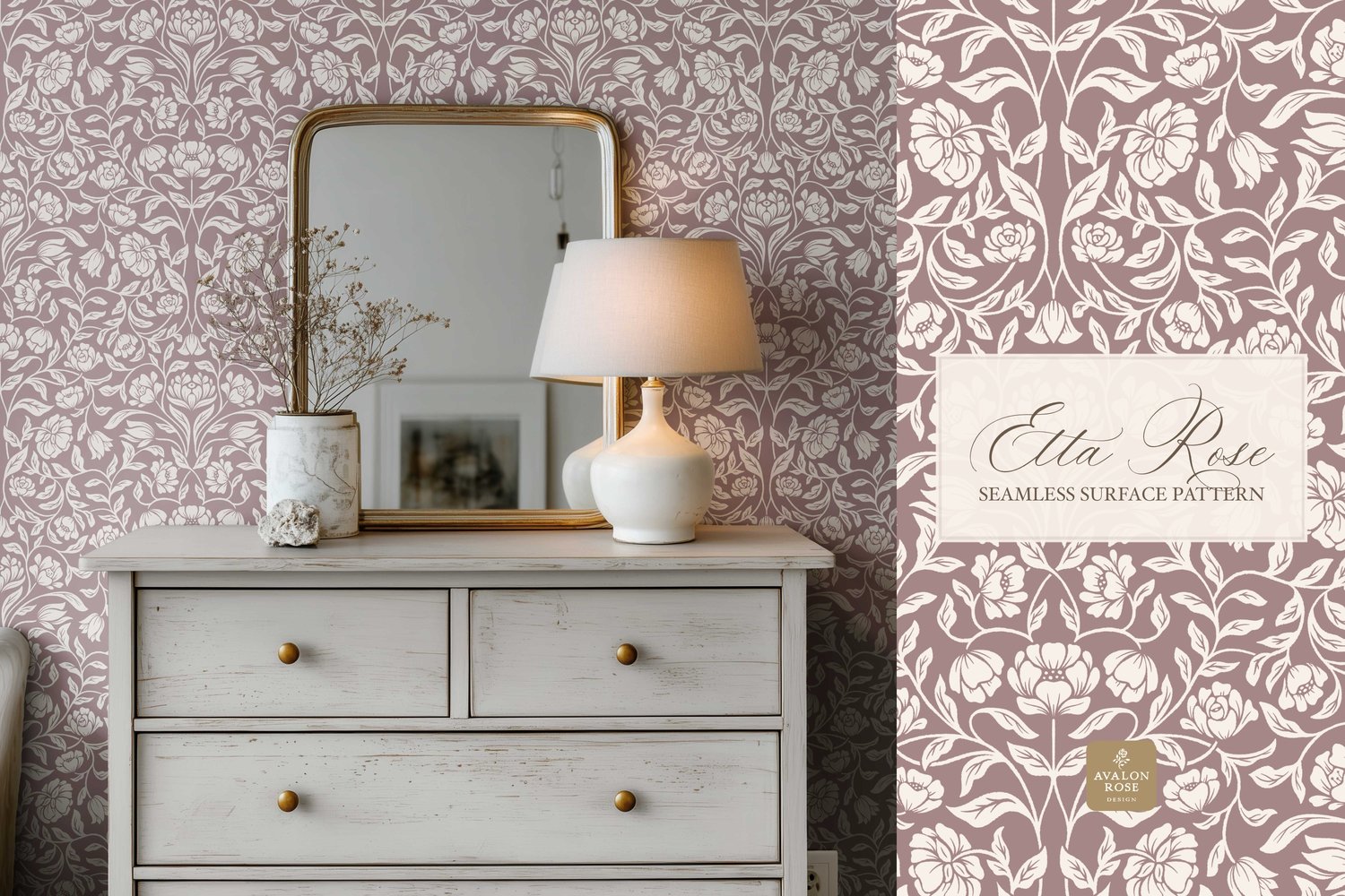 Vintage inspired hand drawn climbing rose damask in a woodblock style in mauve and cream on wallpaper