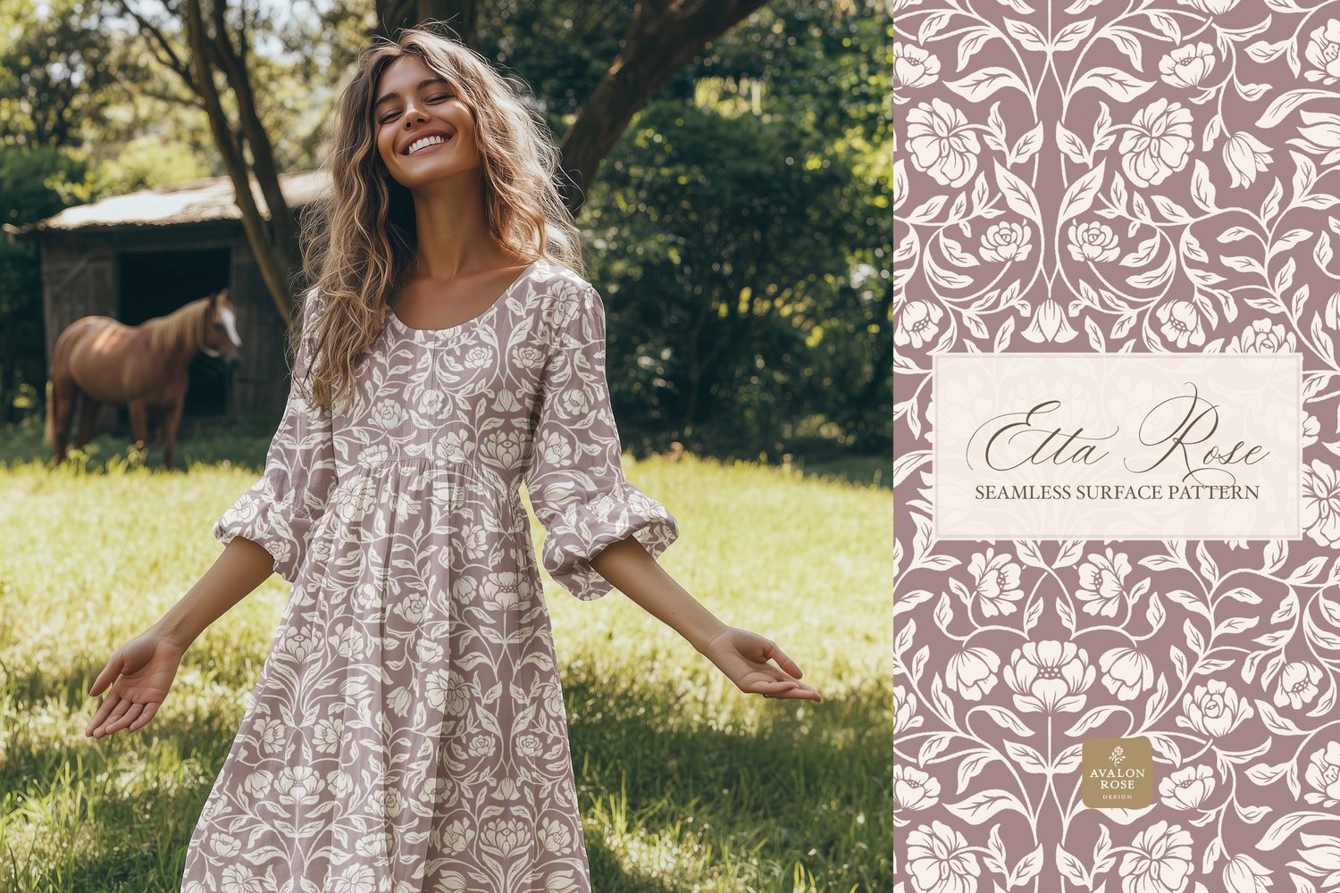 Vintage inspired hand drawn climbing rose damask in a woodblock style in mauve and cream on a dress