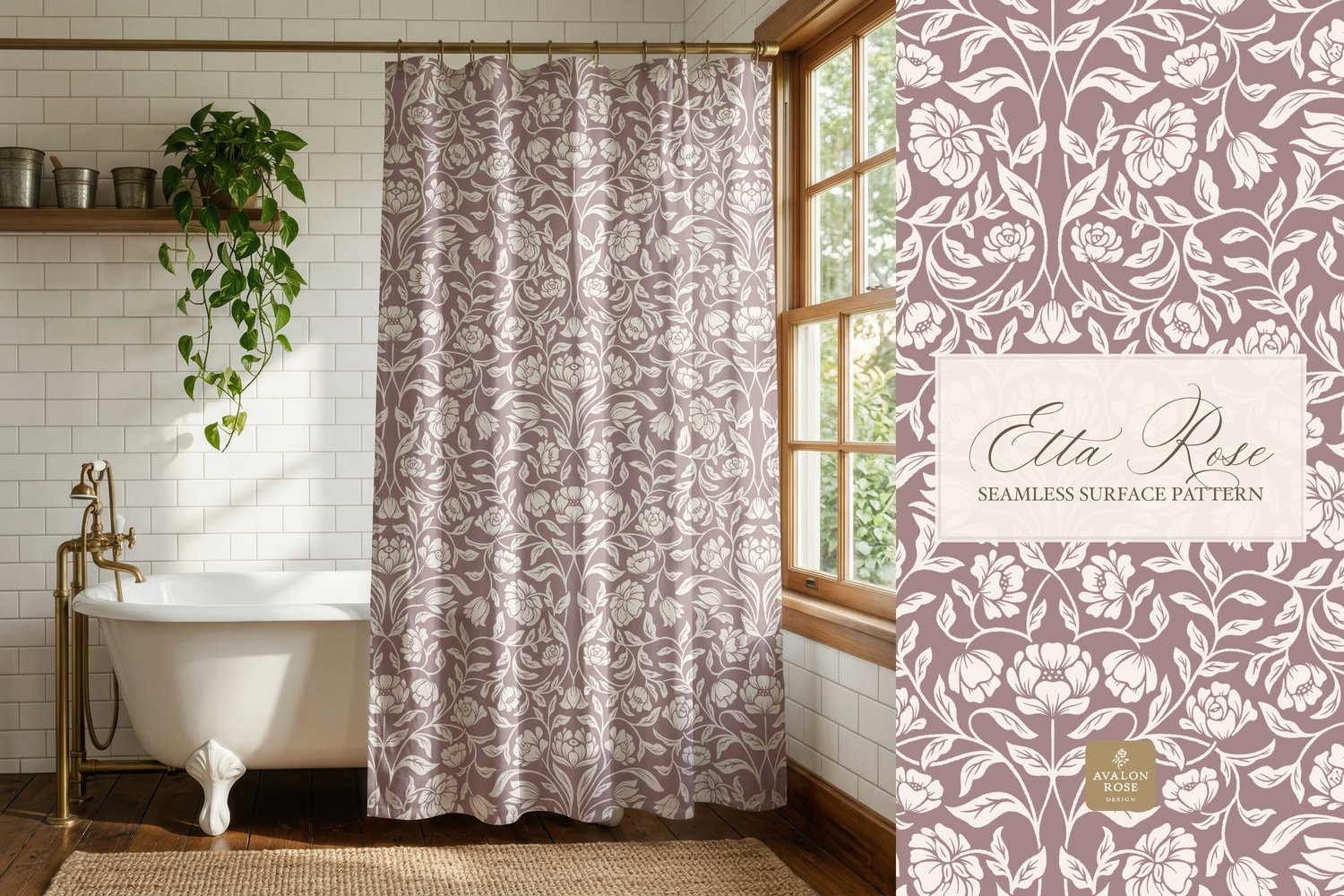 Vintage inspired hand drawn climbing rose damask in a woodblock style in mauve and cream on a curtain