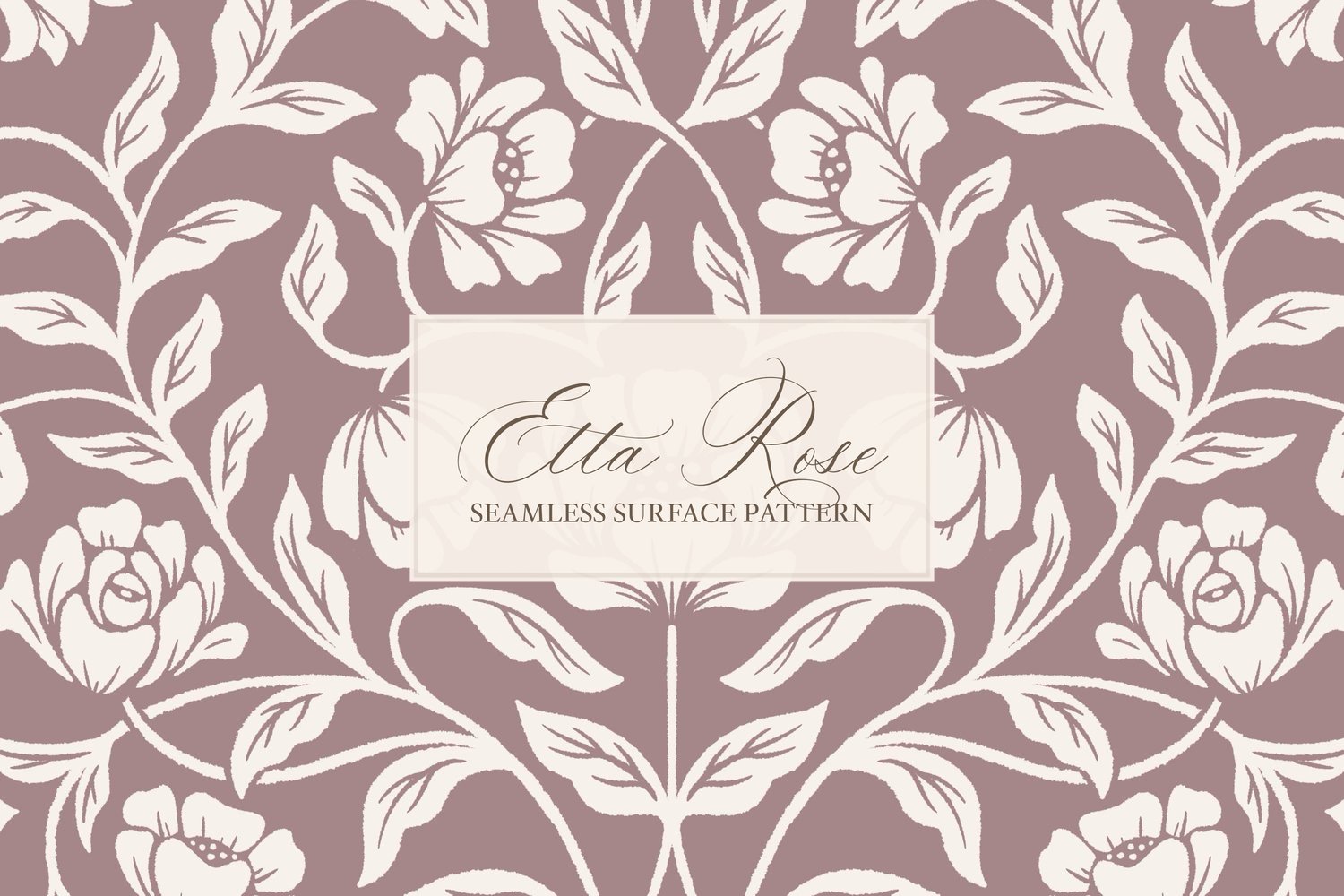 Vintage inspired hand drawn climbing rose damask in a woodblock style in mauve and cream.