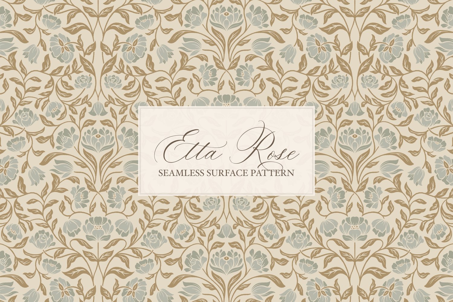 Vintage inspired hand drawn climbing rose damask in a woodblock style in golden brown and sage green