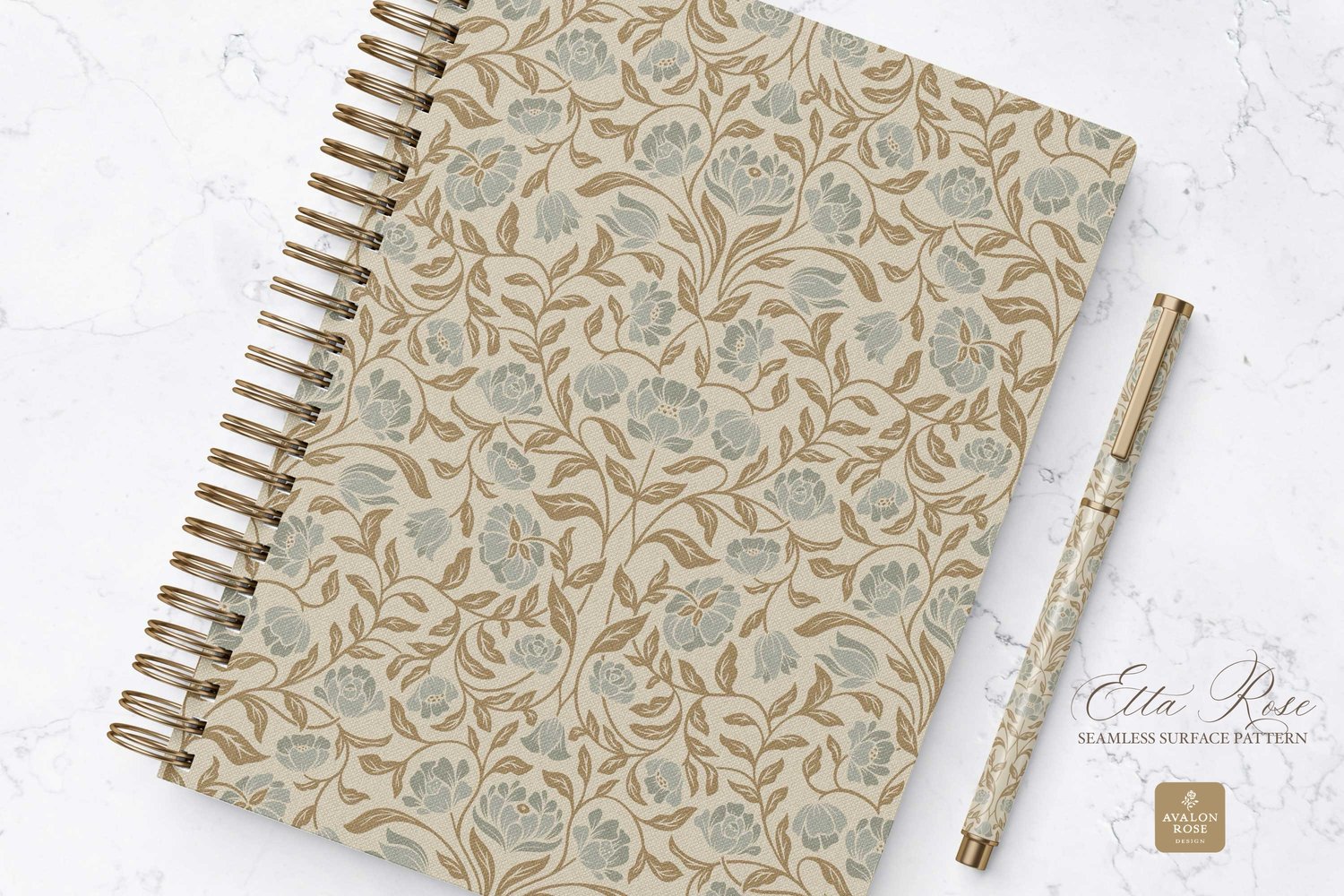 Vintage inspired hand drawn climbing rose damask in a woodblock style in golden brown and sage green on a notebook