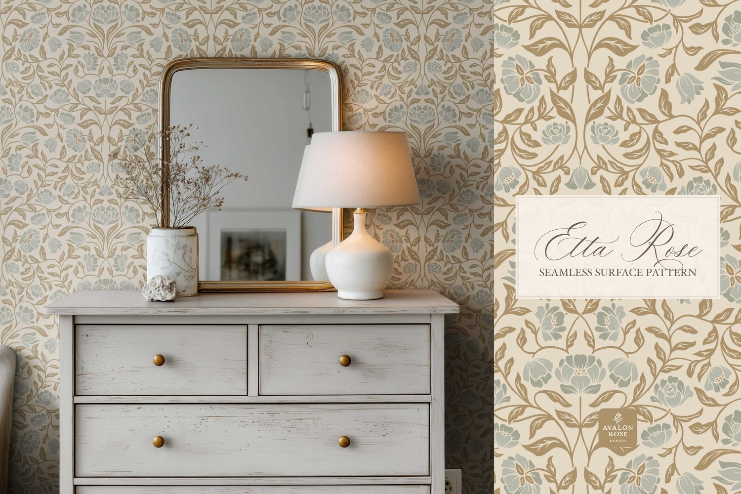Vintage inspired hand drawn climbing rose damask in a woodblock style in golden brown and sage green on wallpaper