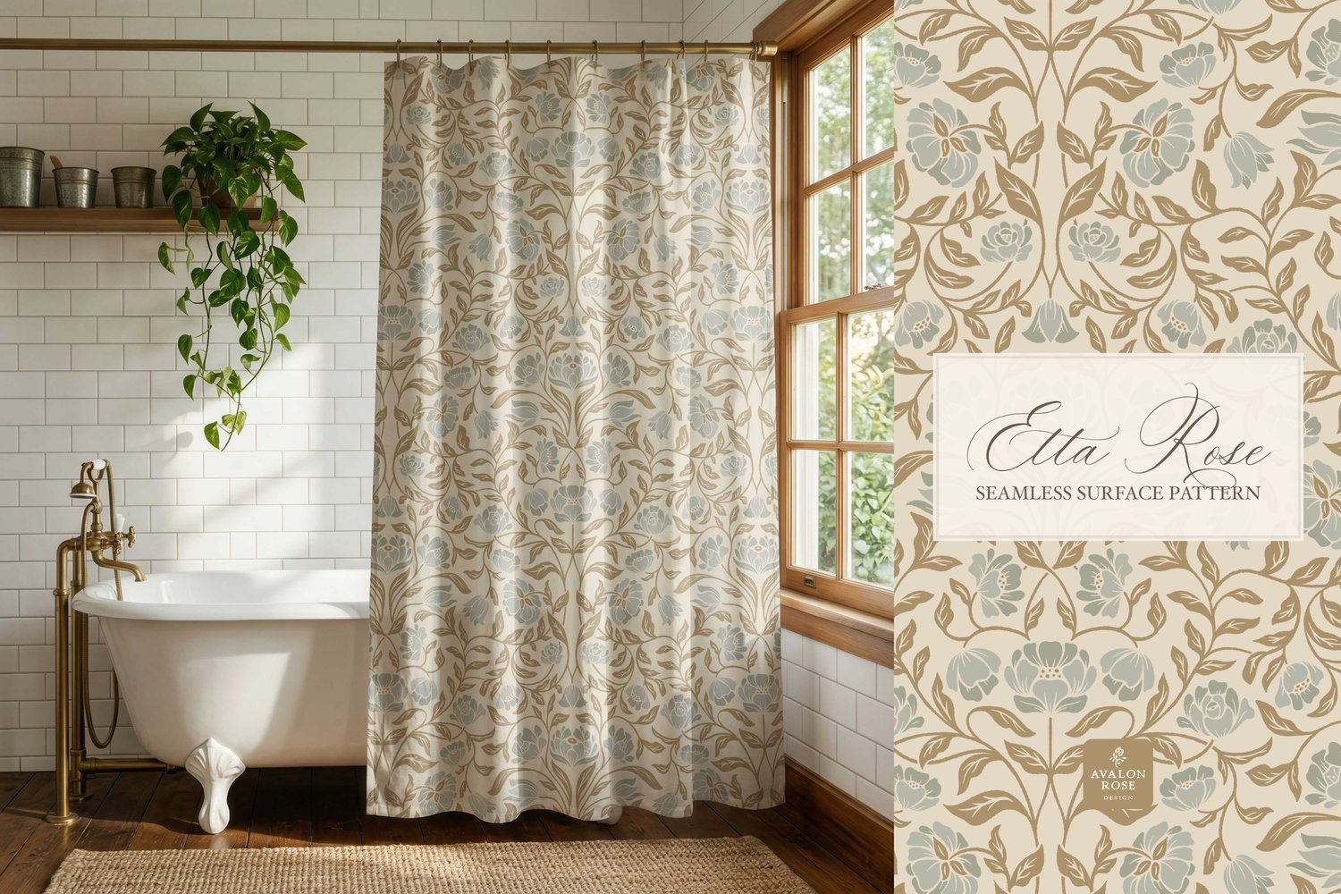 Vintage inspired hand drawn climbing rose damask in a woodblock style in golden brown and sage green on a curtain