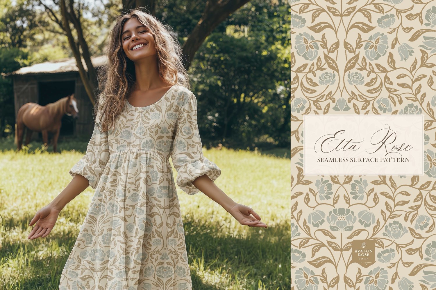 Vintage inspired hand drawn climbing rose damask in a woodblock style in golden brown and sage green on a dress