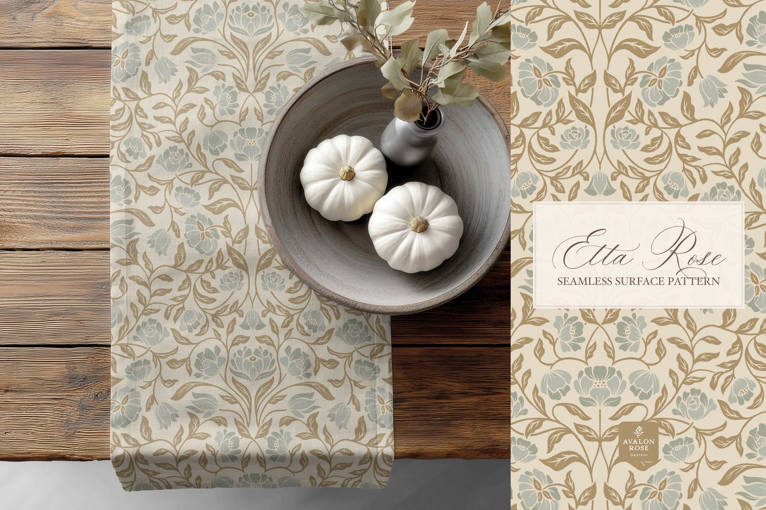 Vintage inspired hand drawn climbing rose damask in a woodblock style in golden brown and sage green on a towel