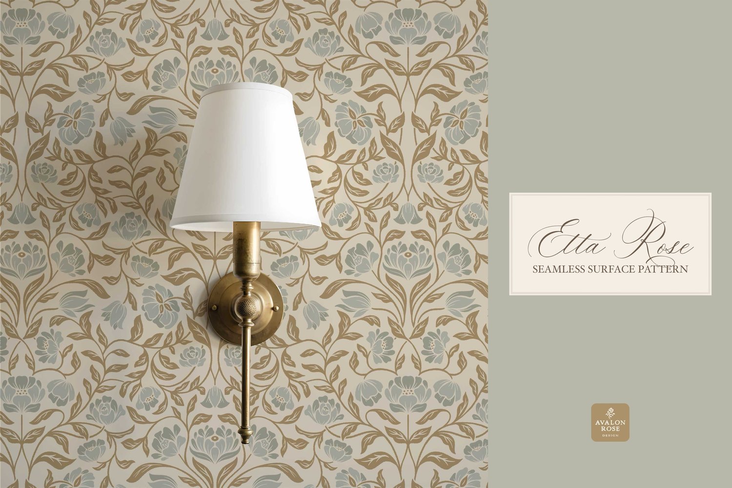 Vintage inspired hand drawn climbing rose damask in a woodblock style in golden brown and sage green on wallpaper