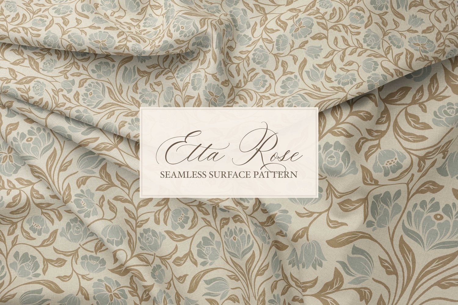 Vintage inspired hand drawn climbing rose damask in a woodblock style in golden brown and sage green on fabric