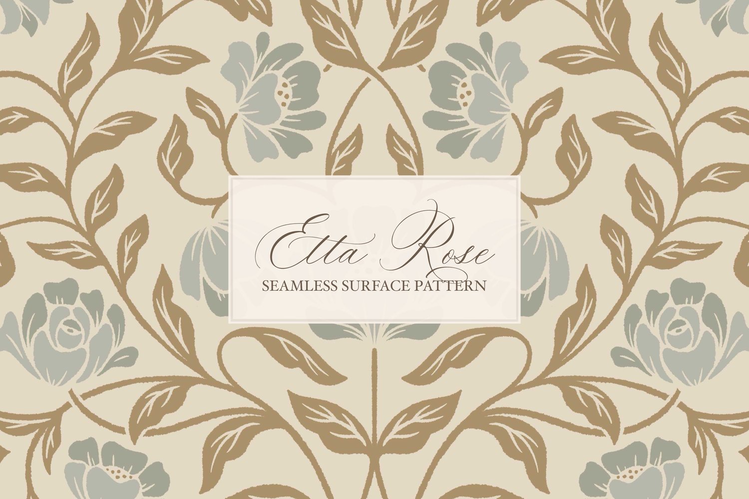 Vintage inspired hand drawn climbing rose damask in a woodblock style in golden brown and sage green