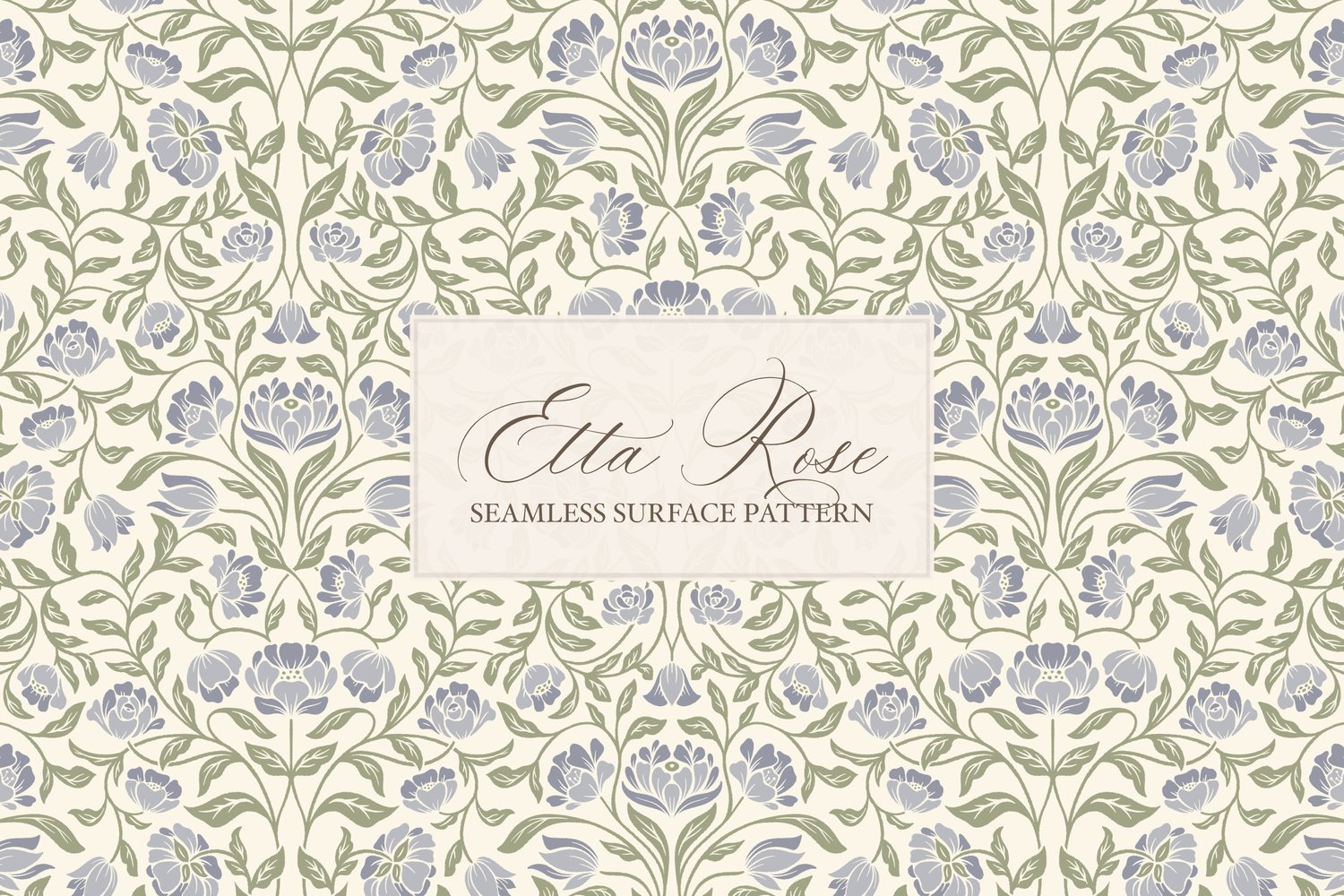 Vintage inspired hand drawn climbing rose damask in a woodblock style in periwinkle blue and sage green