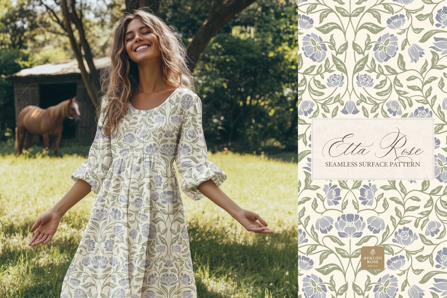 Vintage inspired hand drawn climbing rose damask in a woodblock style in periwinkle blue and sage green on a dress