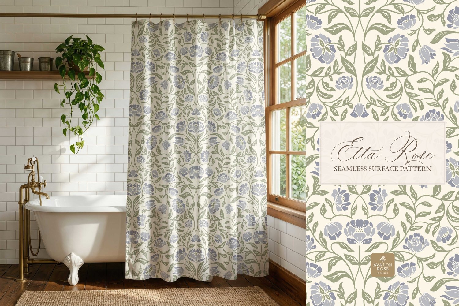 Vintage inspired hand drawn climbing rose damask in a woodblock style in periwinkle blue and sage green on a curtain