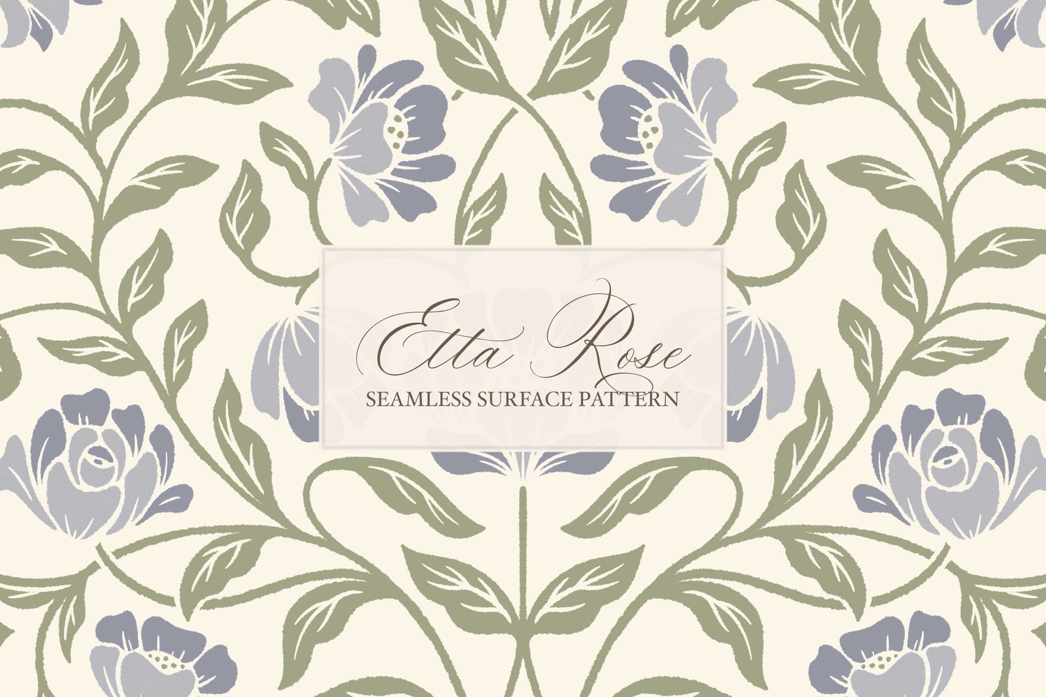 Vintage inspired hand drawn climbing rose damask in a woodblock style in periwinkle blue and sage green