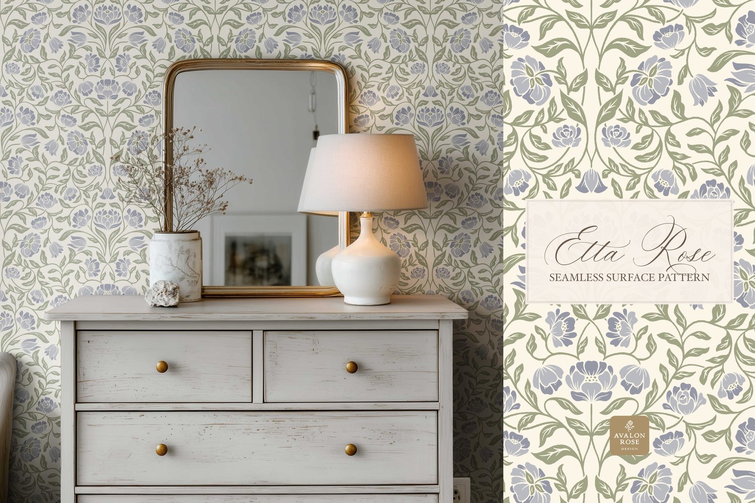 Vintage inspired hand drawn climbing rose damask in a woodblock style in periwinkle blue and sage green on wallpaper