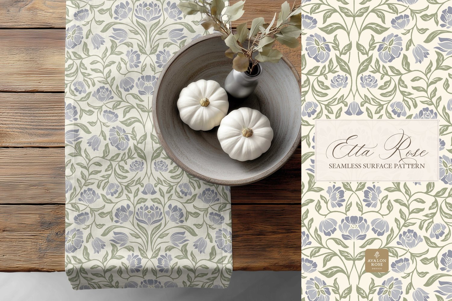 Vintage inspired hand drawn climbing rose damask in a woodblock style in periwinkle blue and sage green on a towel