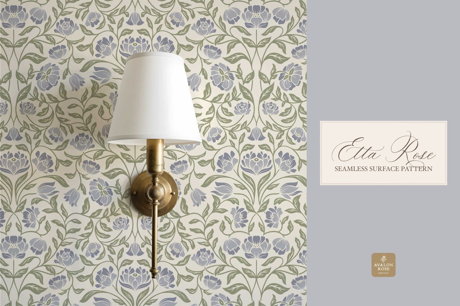 Vintage inspired hand drawn climbing rose damask in a woodblock style in periwinkle blue and sage green on wallpaper
