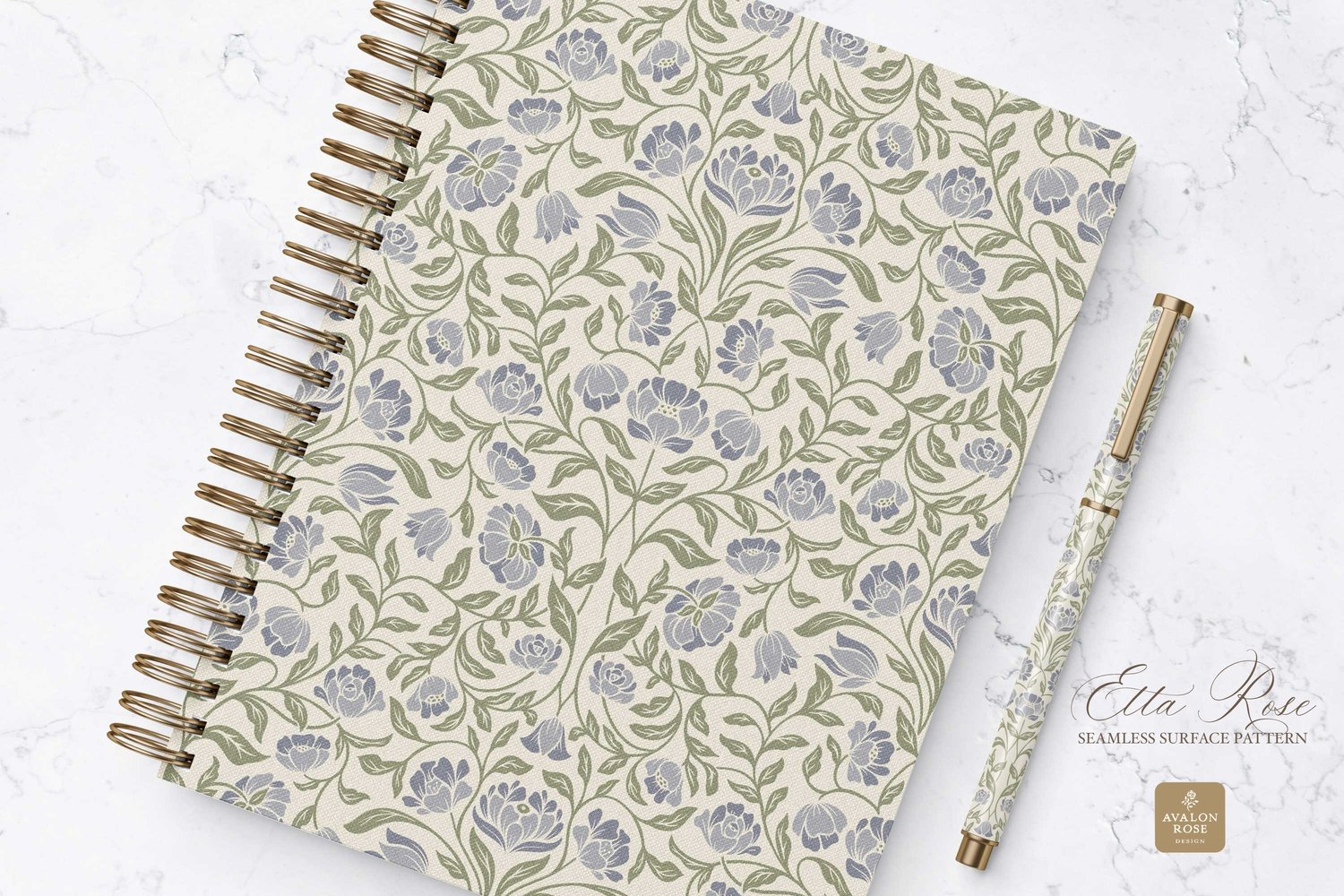 Vintage inspired hand drawn climbing rose damask in a woodblock style in periwinkle blue and sage green on a notebook