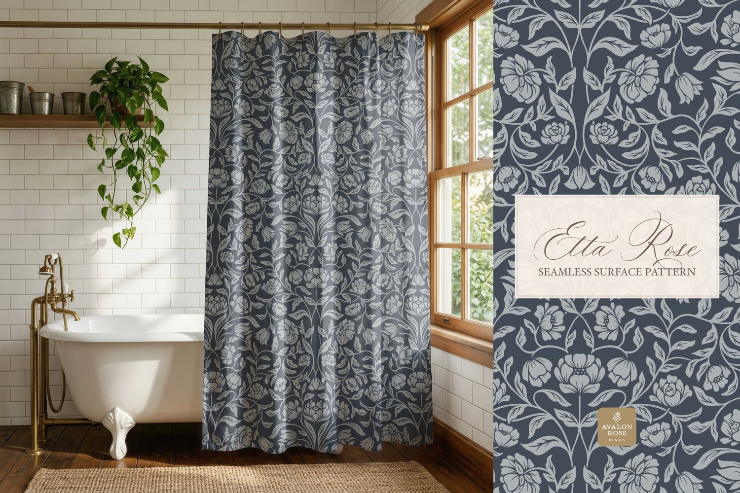 Vintage inspired hand drawn climbing rose damask in a woodblock style in navy blue on a curtain