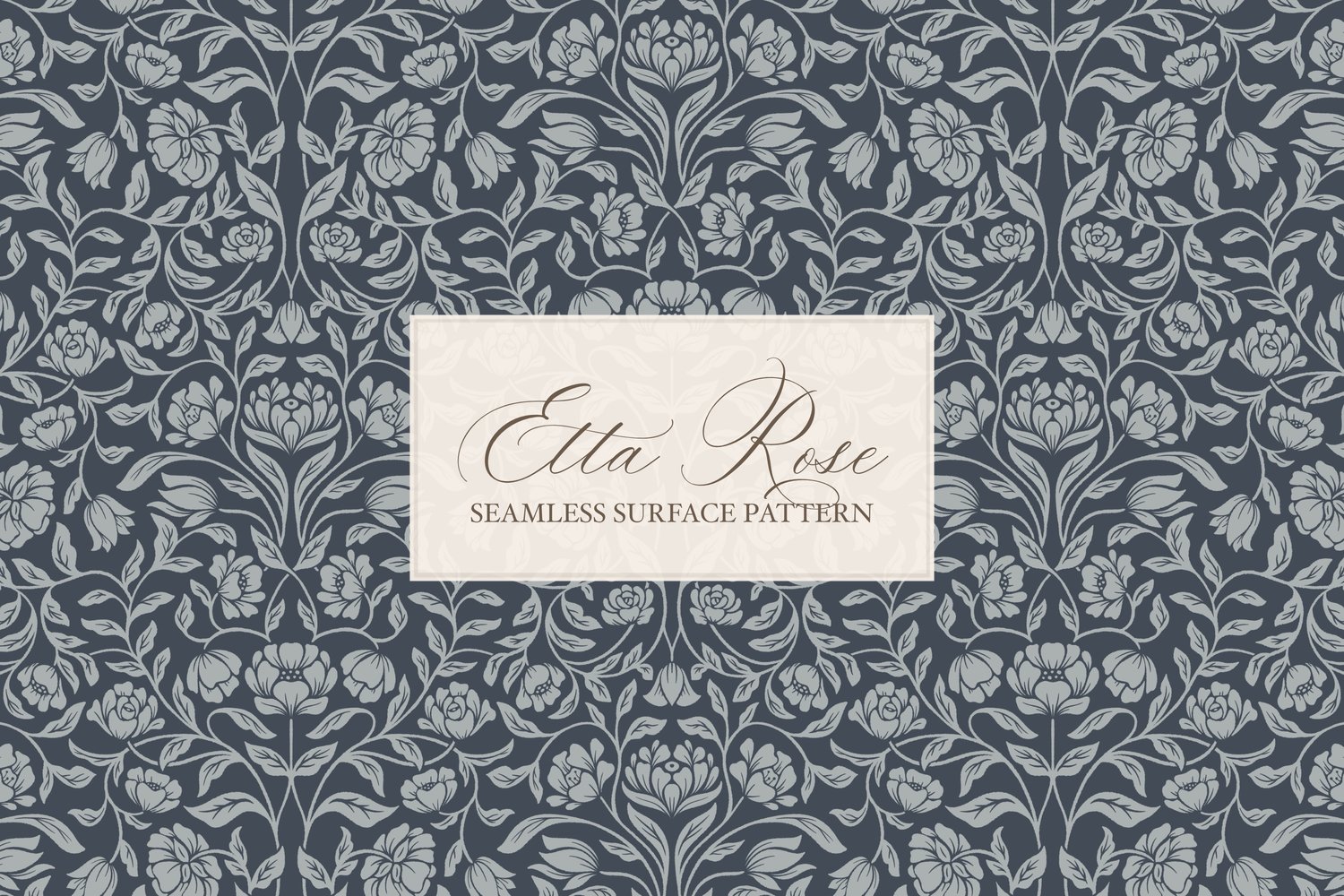 Vintage inspired hand drawn climbing rose damask in a woodblock style in navy blue