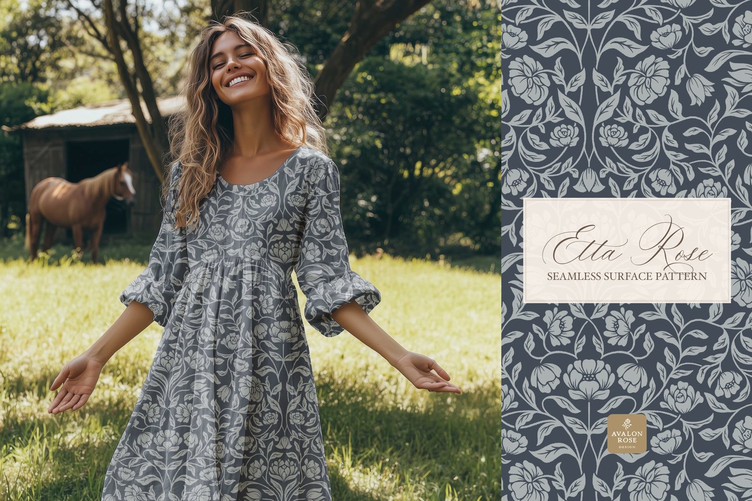 Vintage inspired hand drawn climbing rose damask in a woodblock style in navy blue on a dress