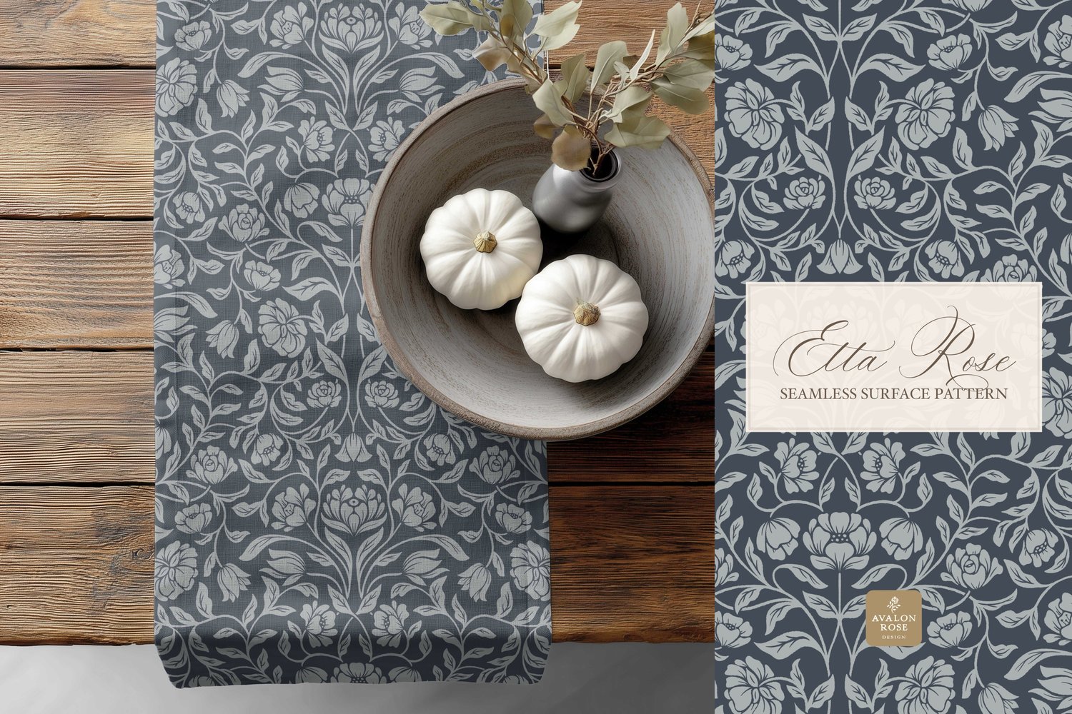 Vintage inspired hand drawn climbing rose damask in a woodblock style in navy blue on a towel