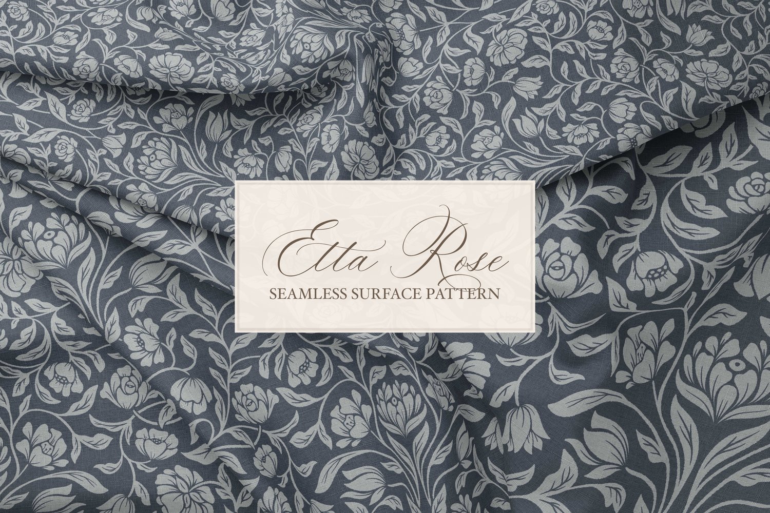 Vintage inspired hand drawn climbing rose damask in a woodblock style in navy blue on fabric