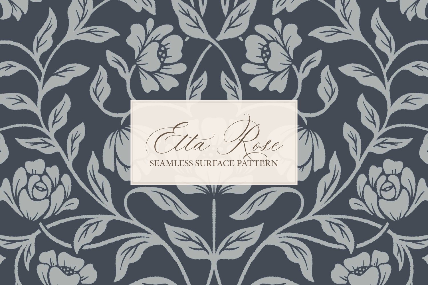 Vintage inspired hand drawn climbing rose damask in a woodblock style in navy blue