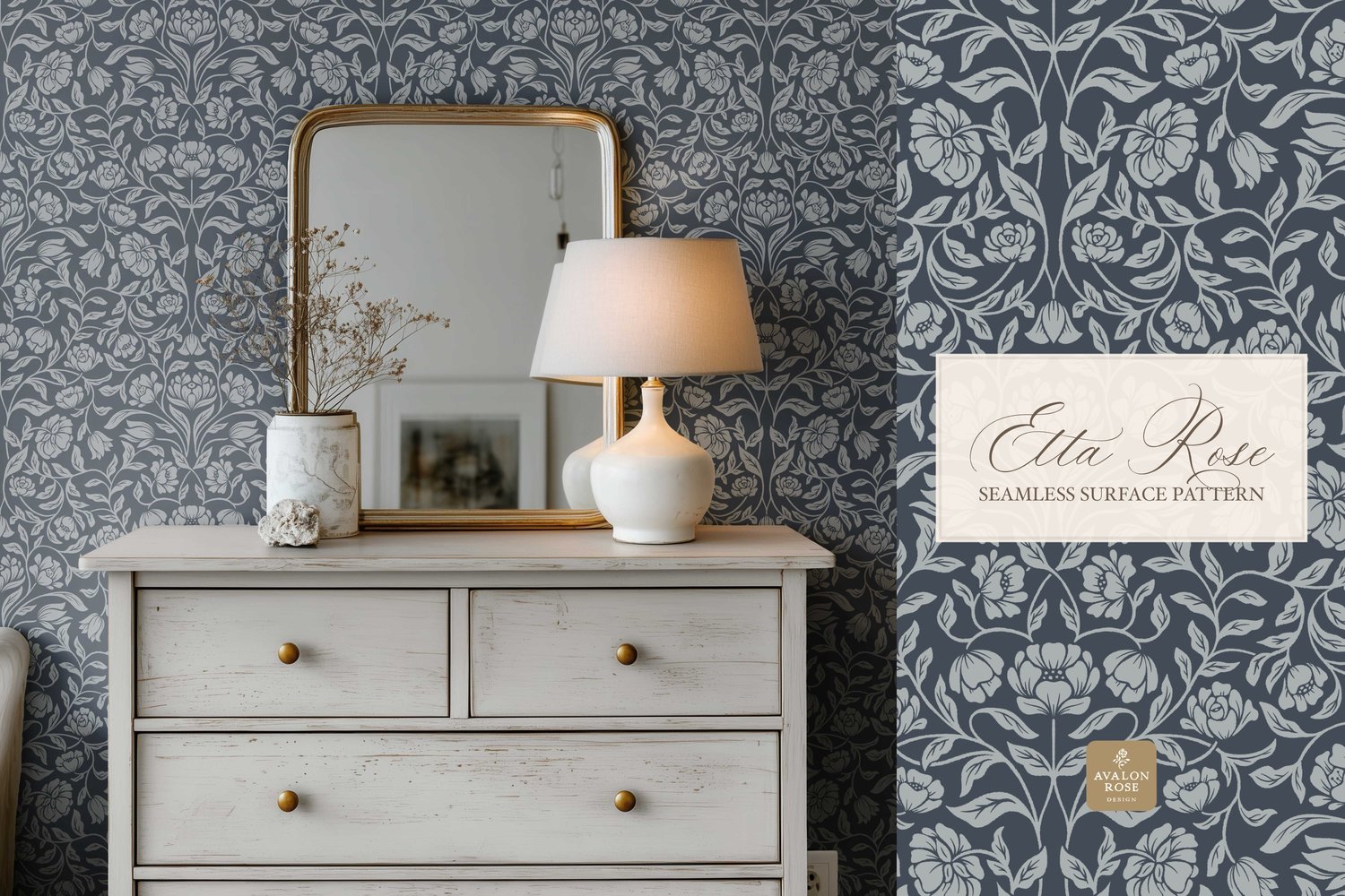 Vintage inspired hand drawn climbing rose damask in a woodblock style in navy blue on wallpaper