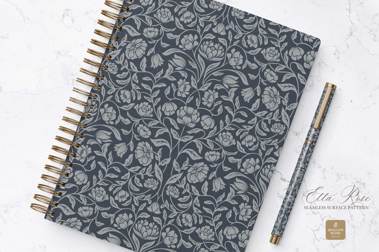Vintage inspired hand drawn climbing rose damask in a woodblock style in navy blue on a notebook