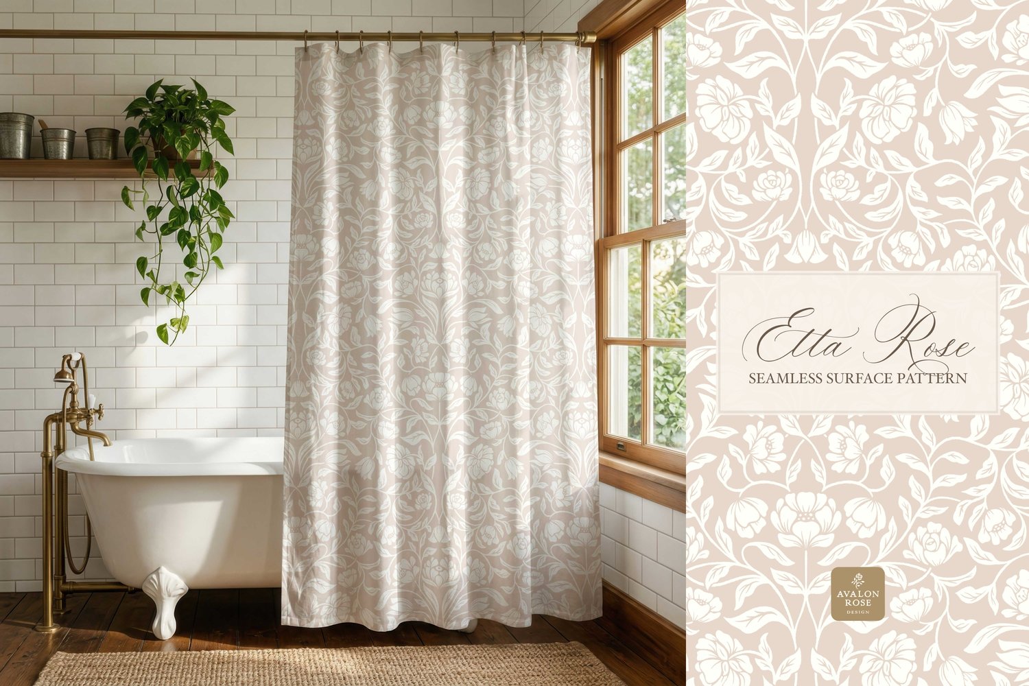 Vintage inspired hand drawn climbing rose damask in a woodblock style on a curtain