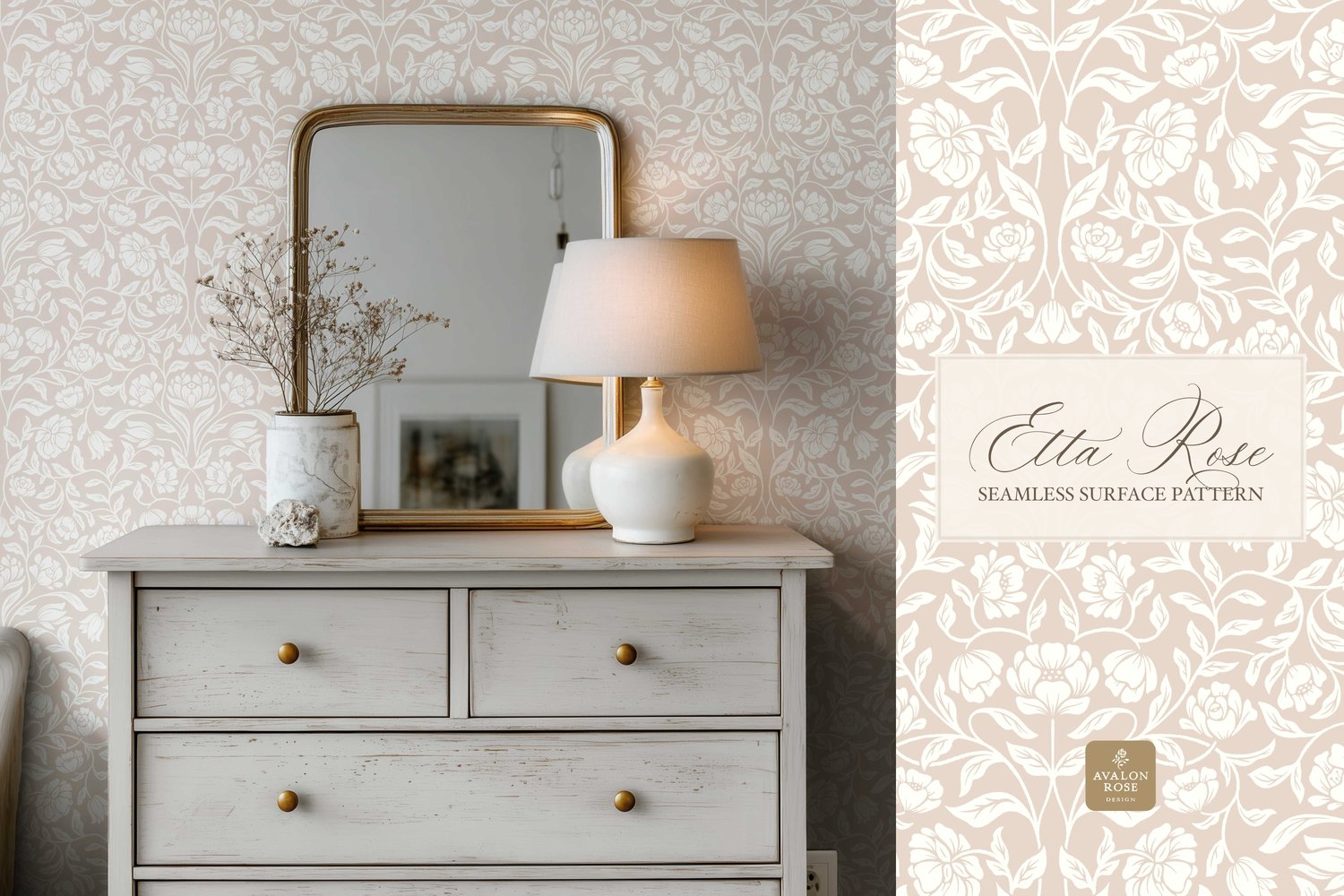 Vintage inspired hand drawn climbing rose damask in a woodblock style on wallpaper