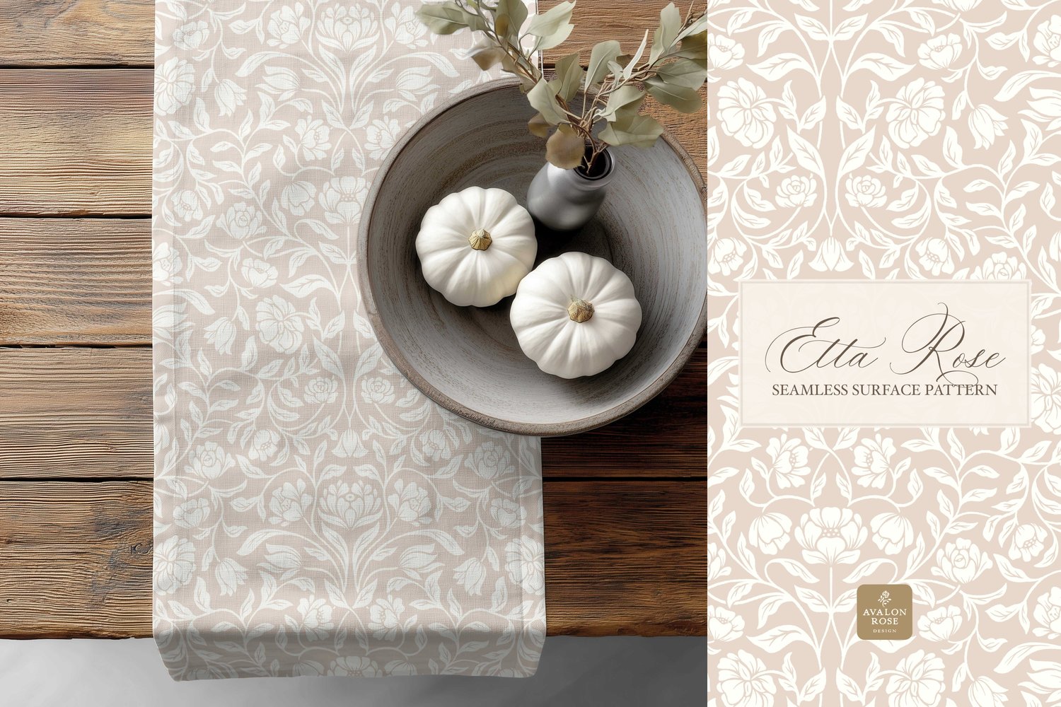 Vintage inspired hand drawn climbing rose damask in a woodblock style on a towel