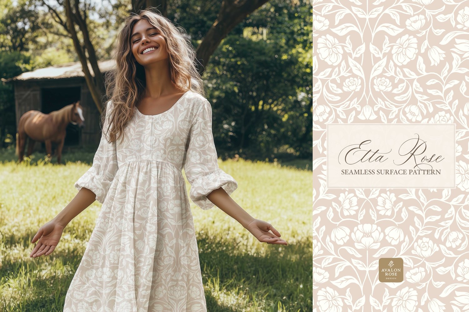 Vintage inspired hand drawn climbing rose damask in a woodblock style on a dress