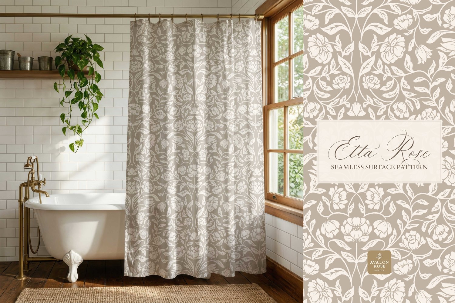 Vintage inspired hand drawn climbing rose damask in a woodblock style on a curtain