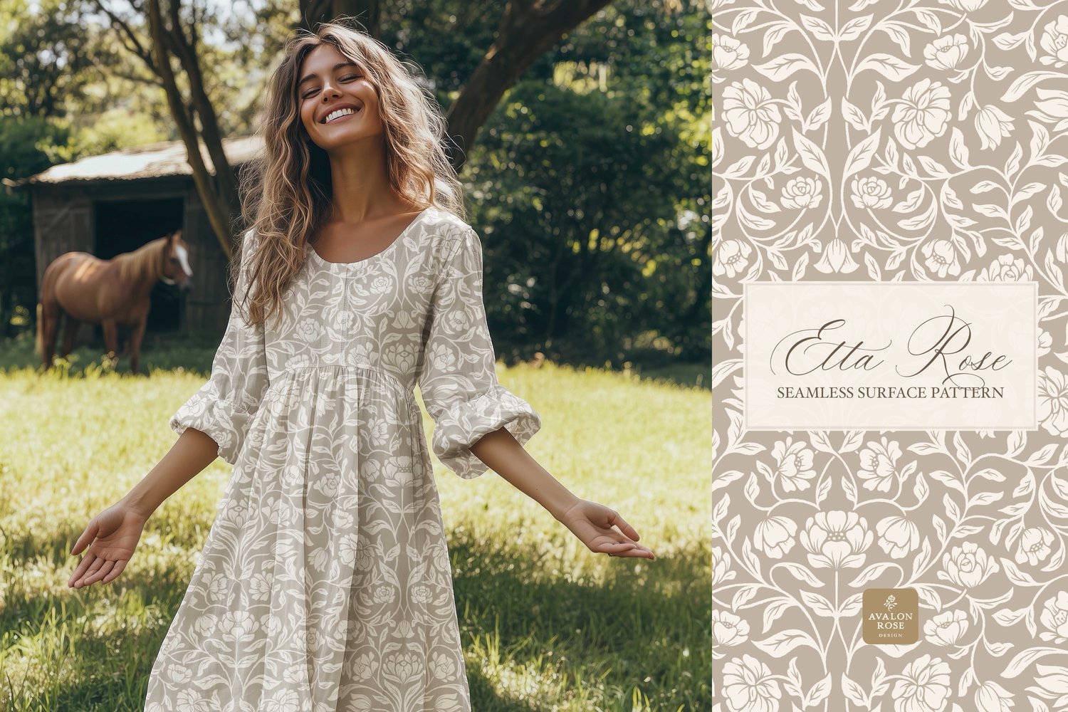Vintage inspired hand drawn climbing rose damask in a woodblock style on a dress