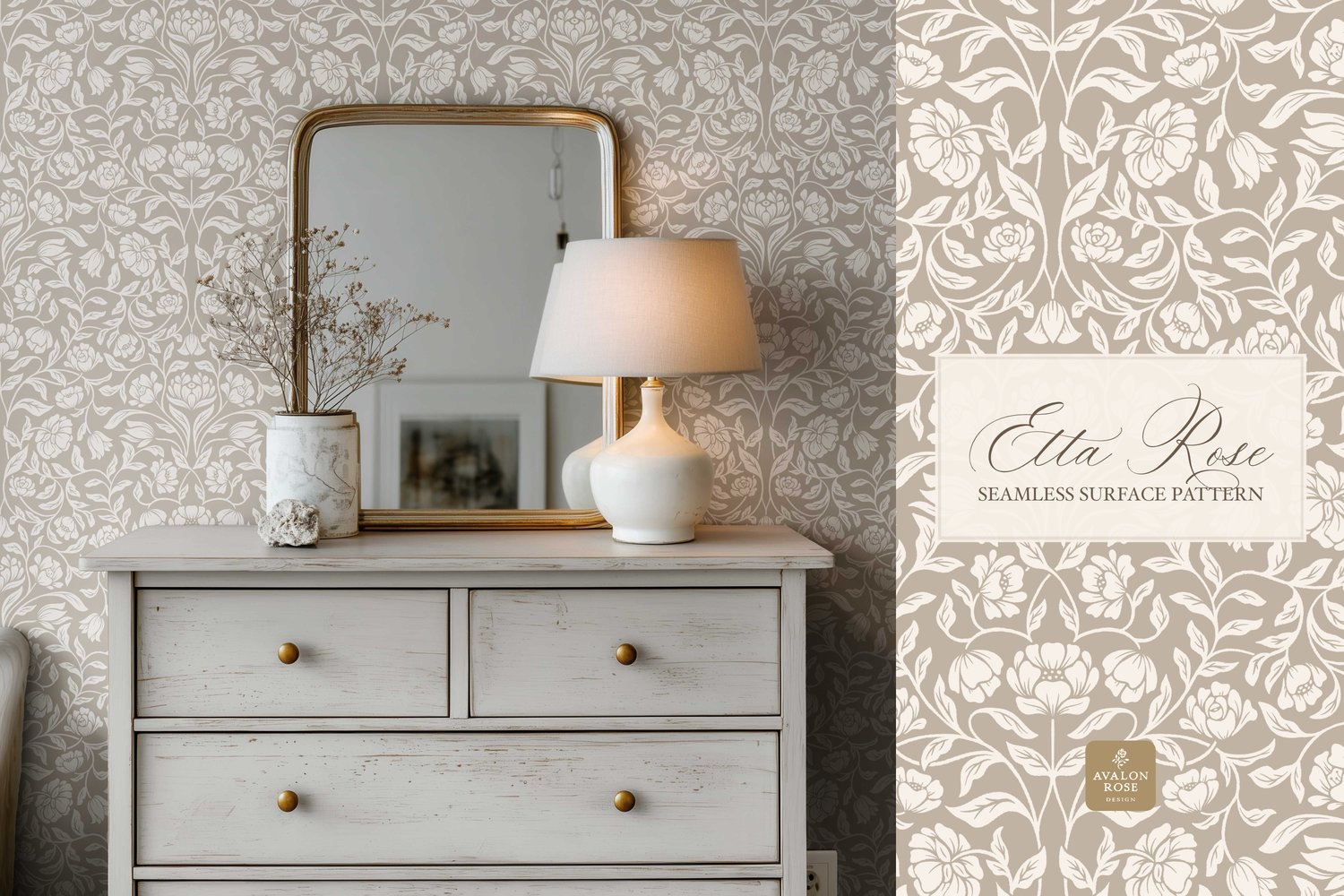 Vintage inspired hand drawn climbing rose damask in a woodblock style on wallpaper
