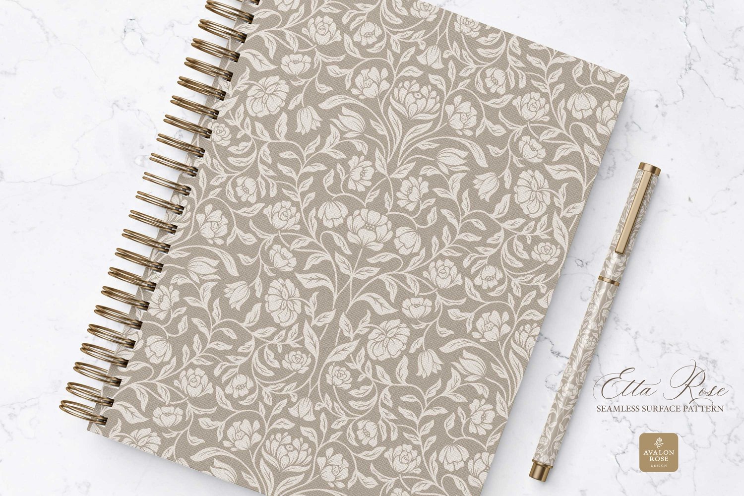 Vintage inspired hand drawn climbing rose damask in a woodblock style on a notebook
