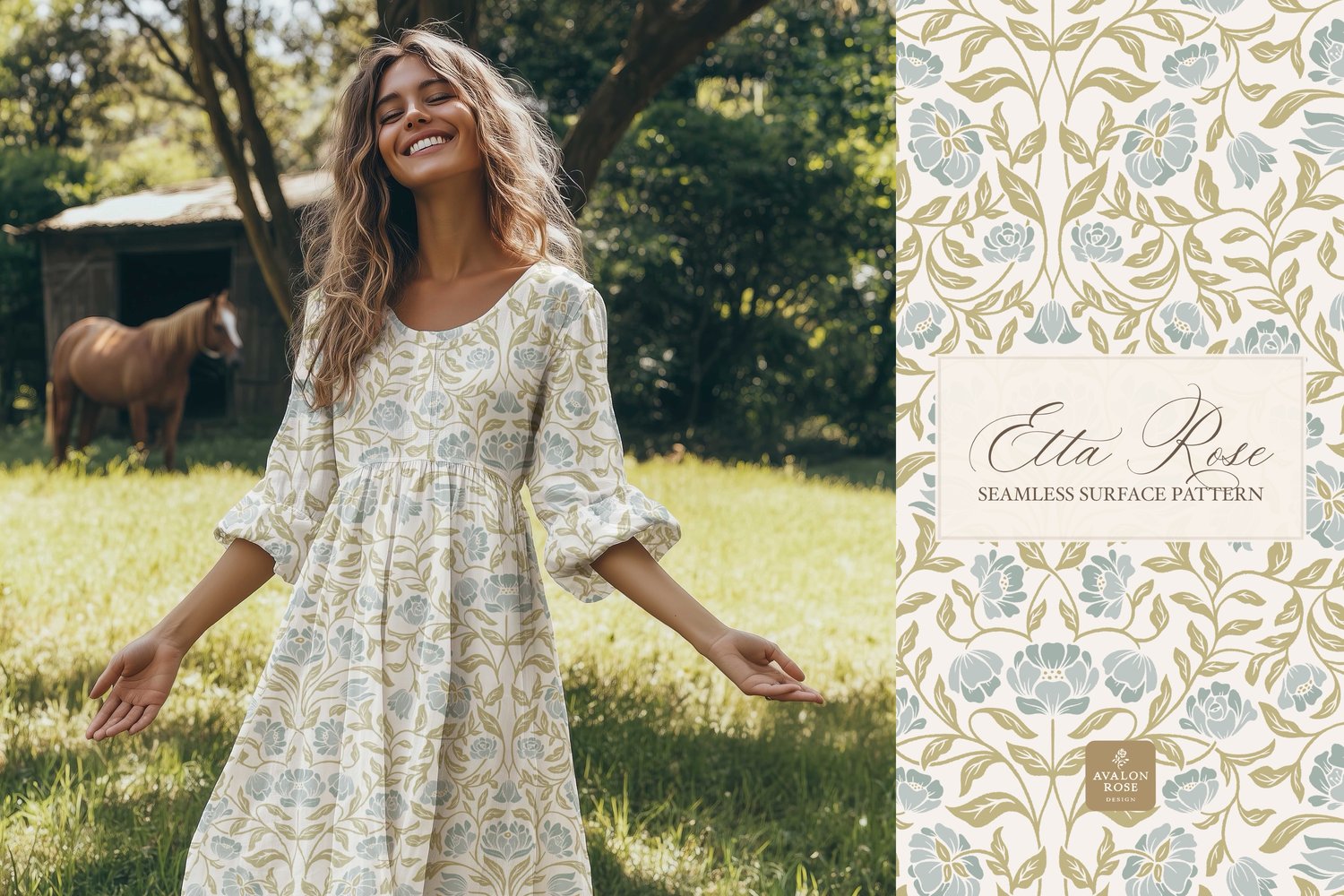 Vintage inspired hand drawn climbing rose damask in a woodblock style in blue and lime on a dress