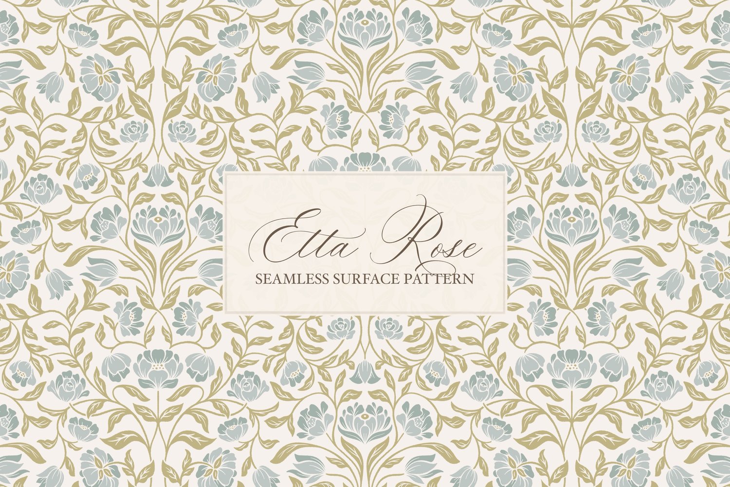 Vintage inspired hand drawn climbing rose damask in a woodblock style in blue and lime