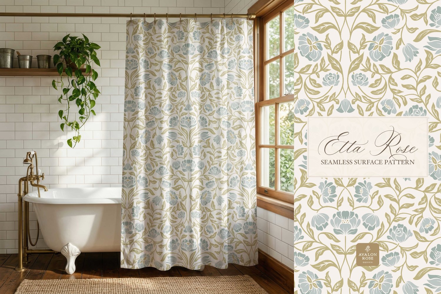 Vintage inspired hand drawn climbing rose damask in a woodblock style in blue and lime on a curtain