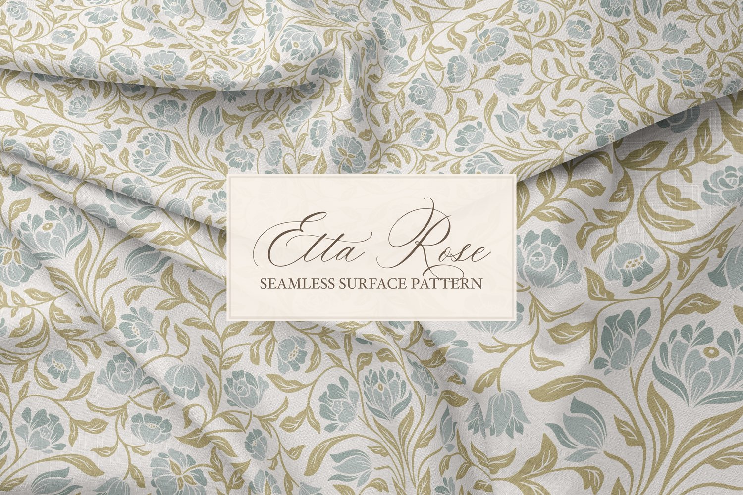 Vintage inspired hand drawn climbing rose damask in a woodblock style in blue and lime on fabric