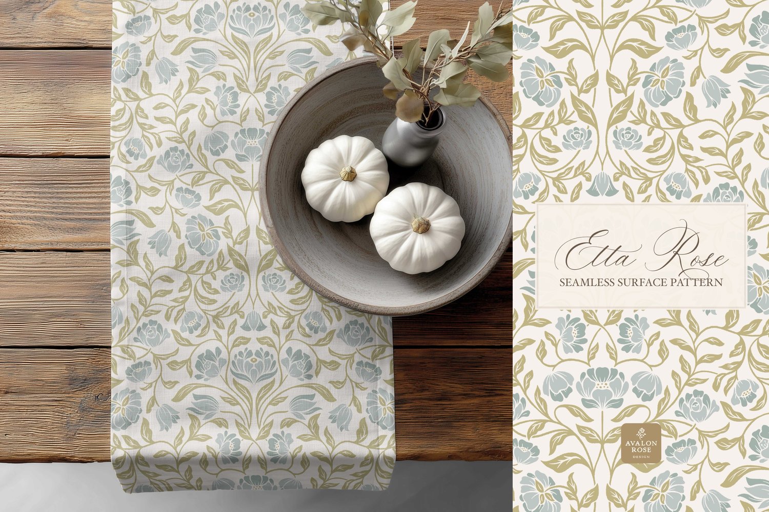 Vintage inspired hand drawn climbing rose damask in a woodblock style in blue and lime on a towel