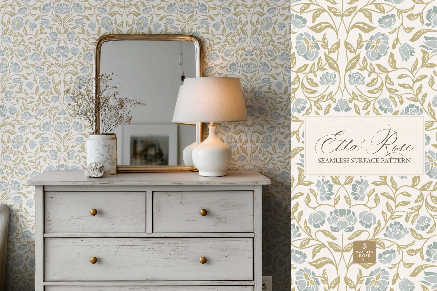 Vintage inspired hand drawn climbing rose damask in a woodblock style in blue and lime on wallpaper