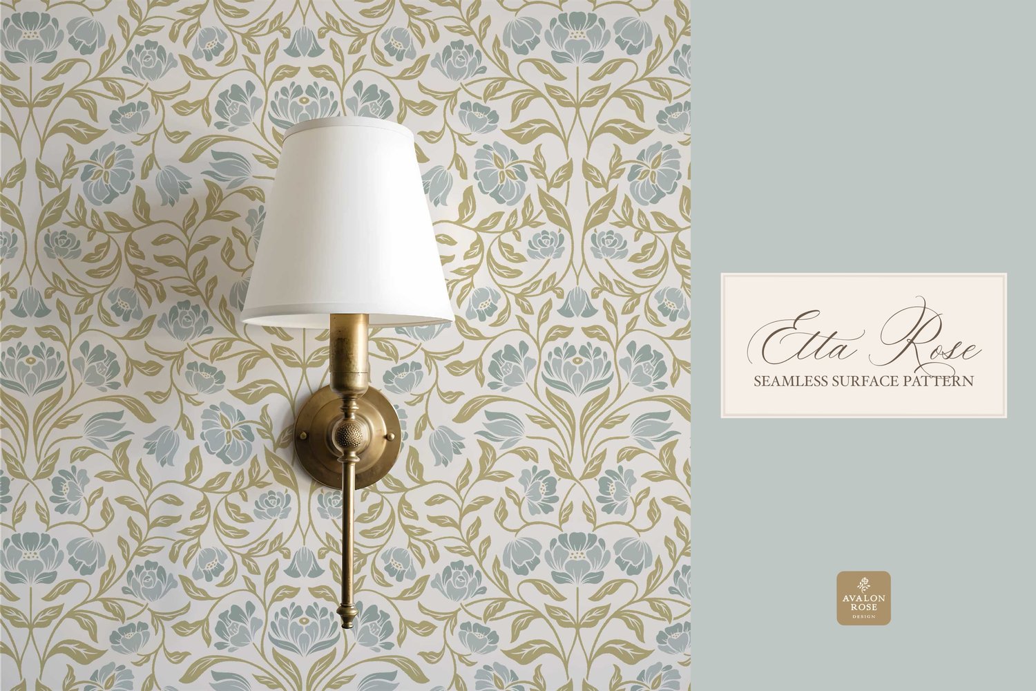 Vintage inspired hand drawn climbing rose damask in a woodblock style in blue and lime on wallpaper