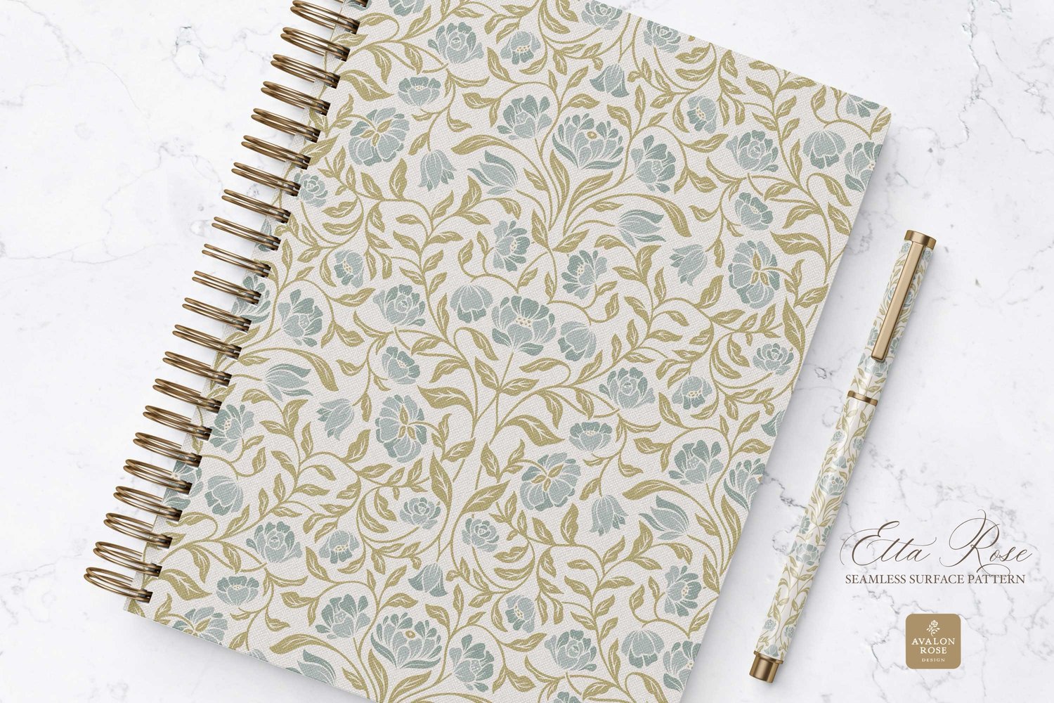 Vintage inspired hand drawn climbing rose damask in a woodblock style in blue and lime on a notebook