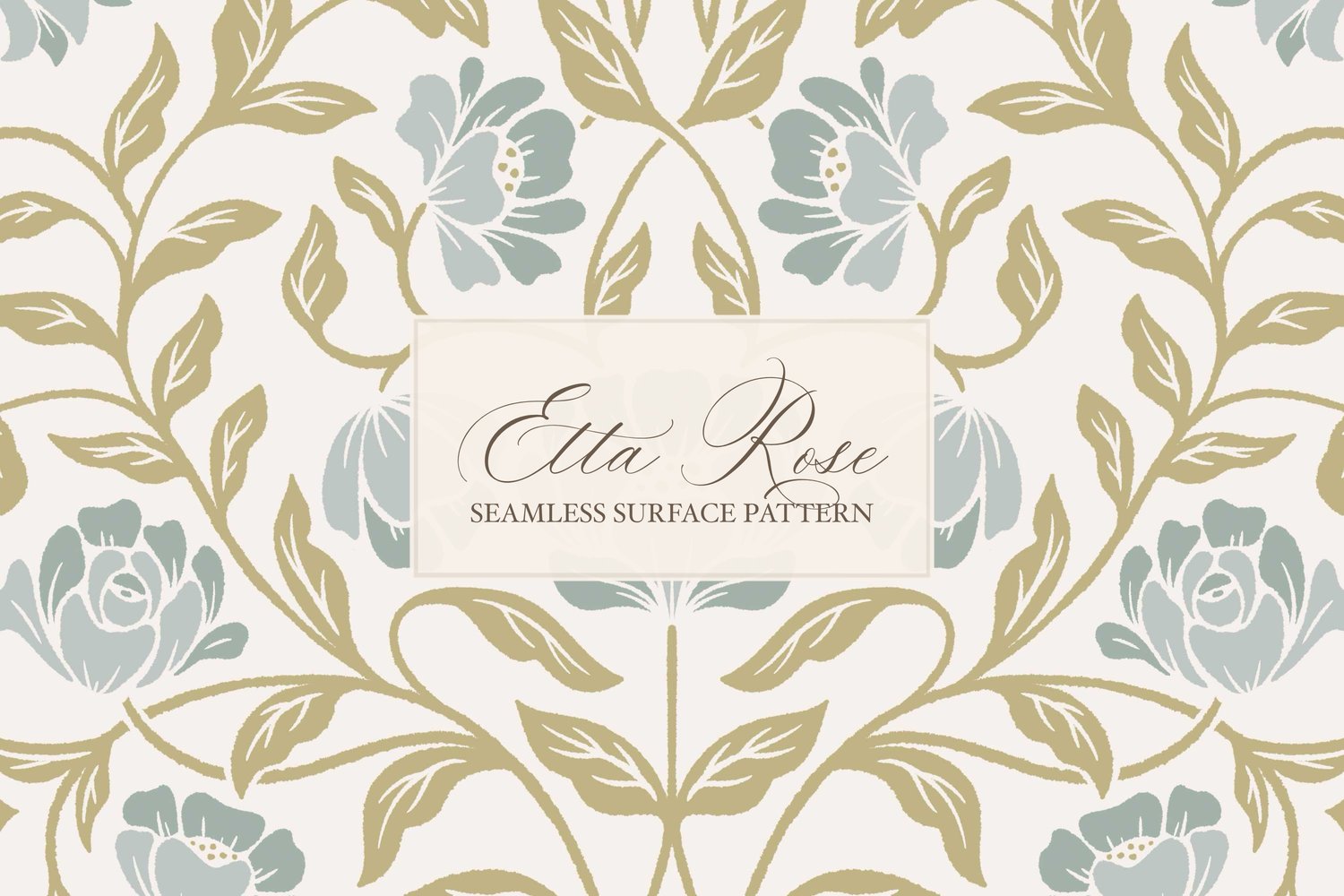 Vintage inspired hand drawn climbing rose damask in a woodblock style in blue and lime