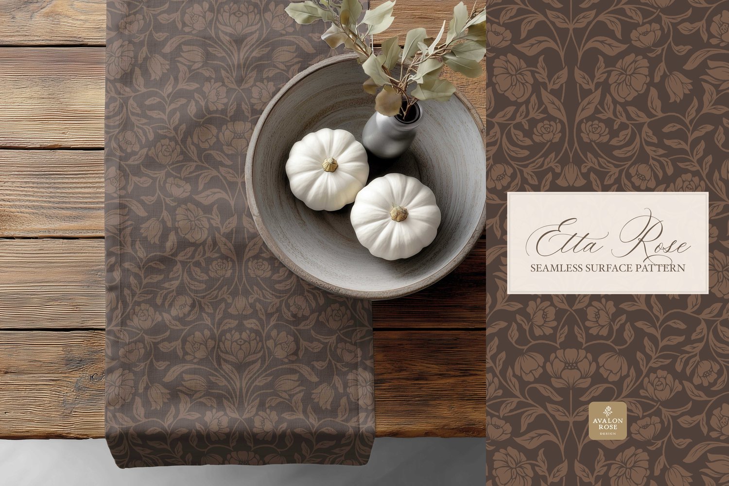 Vintage inspired hand drawn climbing rose damask in a woodblock style in dark brown on a towel