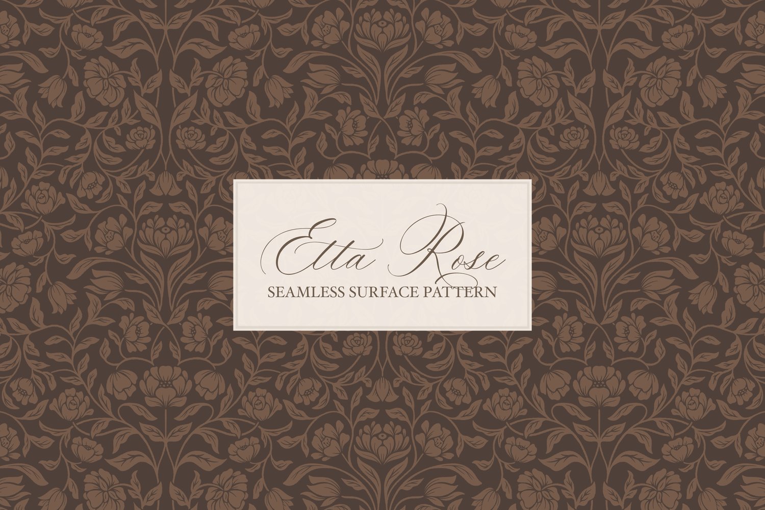 Vintage inspired hand drawn climbing rose damask in a woodblock style in dark brown